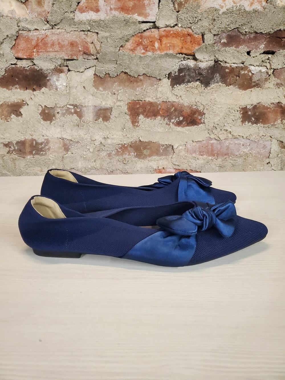 Womens Pointed Toe Flats Navy Blue Bow Slip On Knit Fabric Shoes US 11.5 EU 43